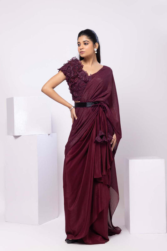 Wine 3d Floral Blouse and Drape Saree Set