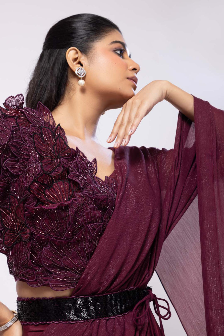 Wine 3d Floral Blouse and Drape Saree Set