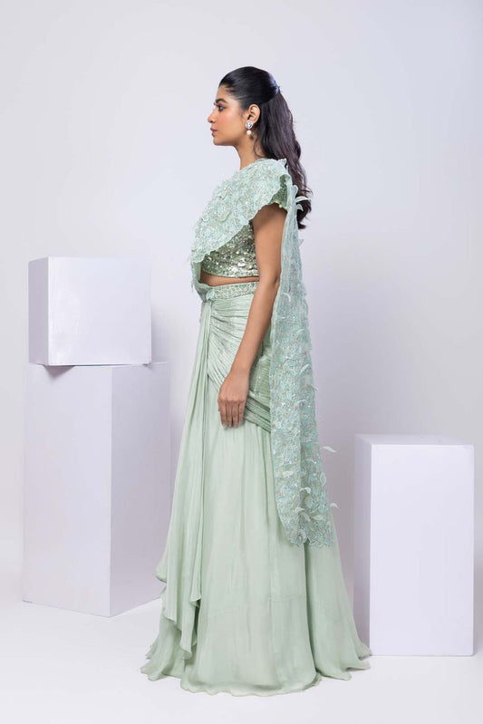Romantic Green Pearl Embellished Drape Saree