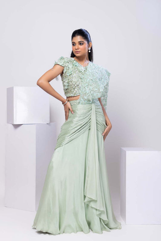 Romantic Green Pearl Embellished Drape Saree