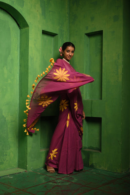 Shaayari Shaam I Purple mul cotton handloom saree with hand painted florals
