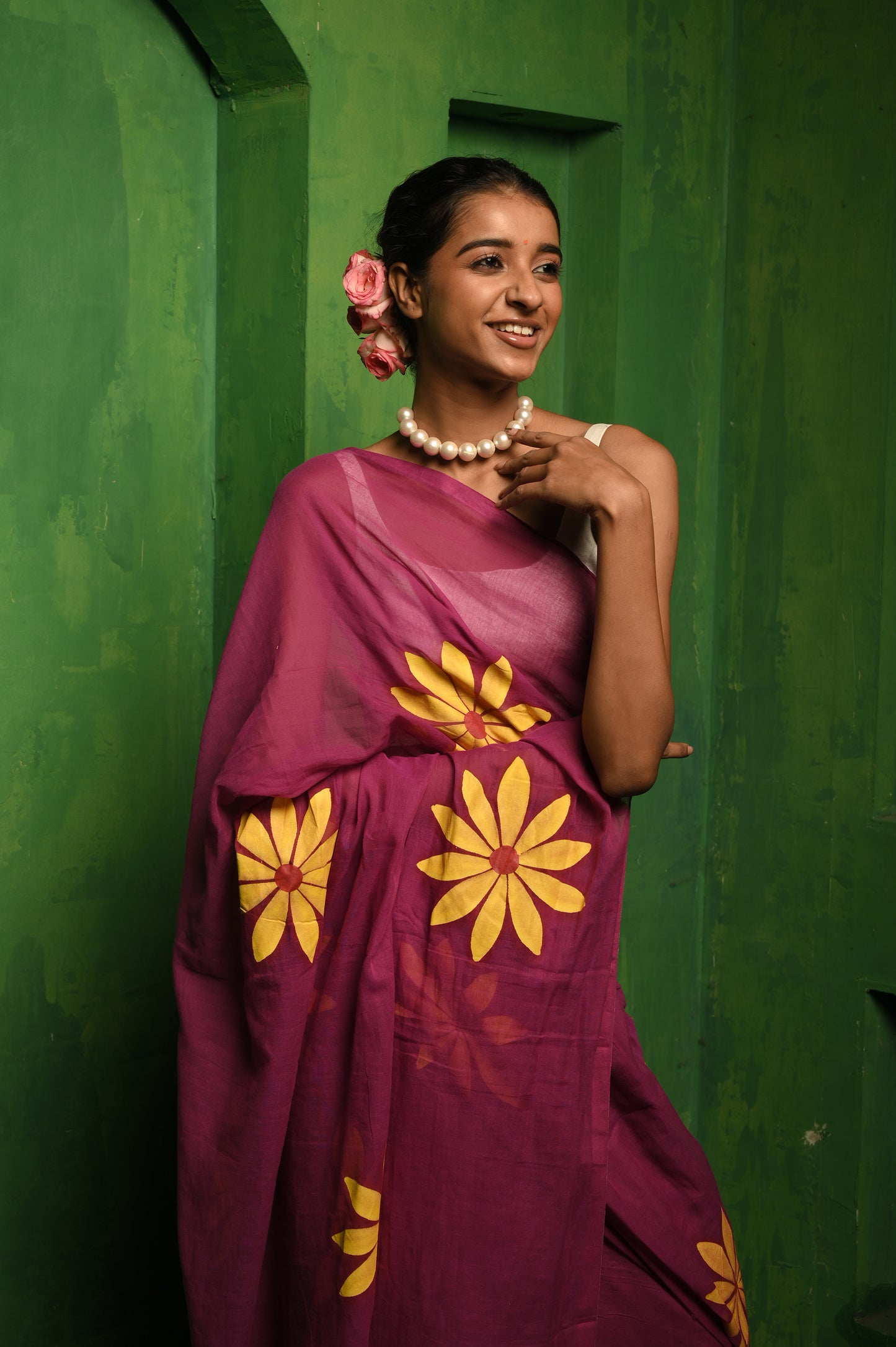 Shaayari Shaam I Purple mul cotton handloom saree with hand painted florals