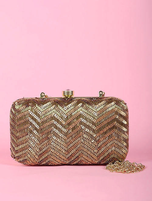 Antique Gold zigzag Handembroidered Clutch 