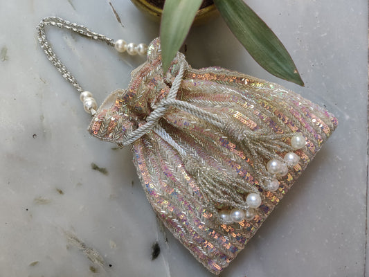 Silver Rainbow Sequins Hand Embroidered Potli 