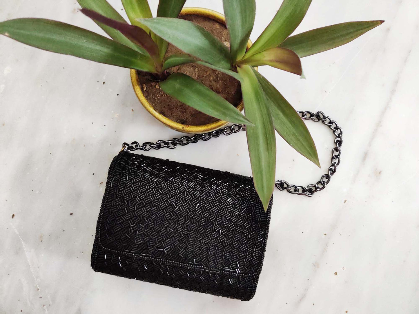 Black Weave Flap Over Hand Embroidered Clutch