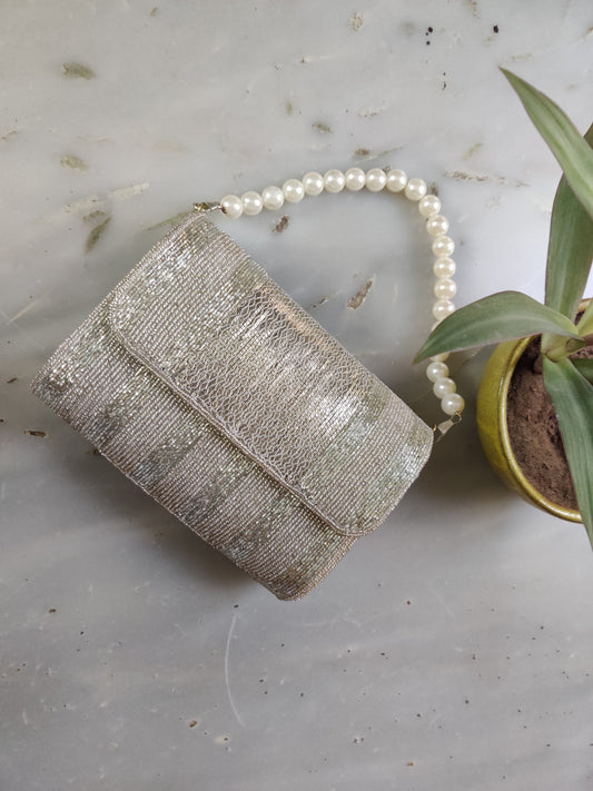 White Brass Flap Over Hand Embroidered Clutch 