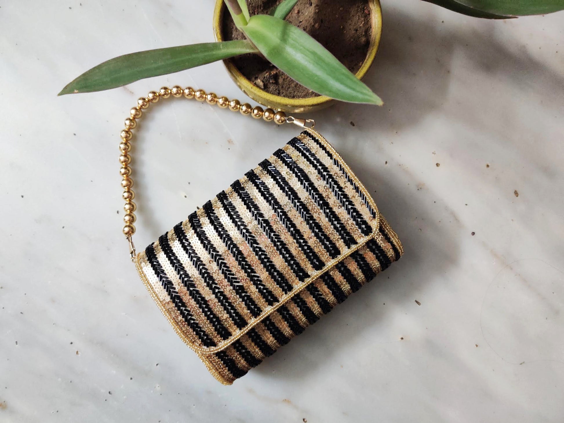 Black Gold Striped Flap Over Hand Embroidered Clutch 