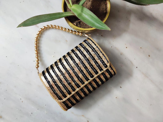 Black Gold Striped Flap Over Hand Embroidered Clutch 
