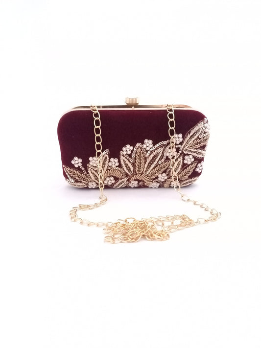 Maroon Dabka Leaf Handembroidered Clutch
