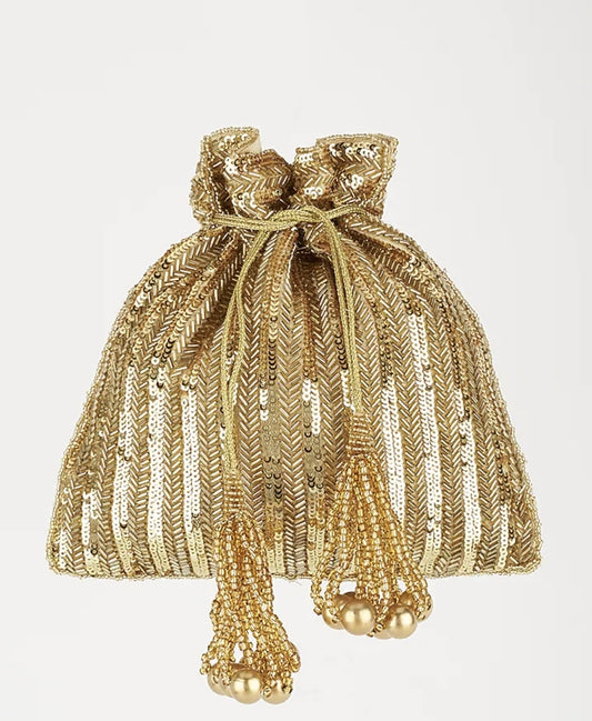 Gold Sequins Hand Embroidered Potli with Gold chain handle