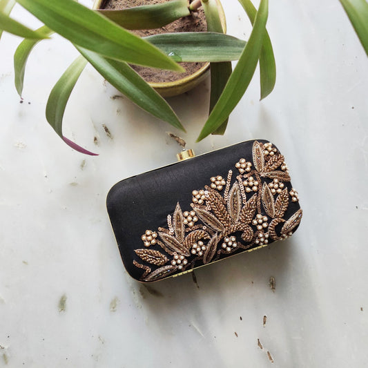 Black Dabka Leaf Hand Embroidered Clutch
