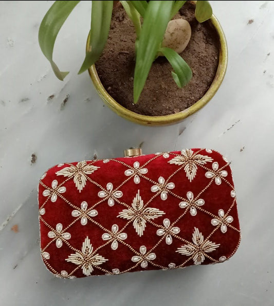 Maroon Floral Hand Embroidered Clutch