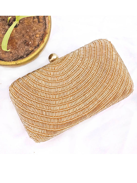 Gold Beaded Hand Embroidered Clutch with a long Sling Chain