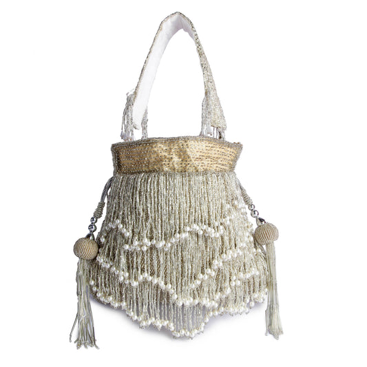 Silver Color Fringy Chic Hand Embroidered Potli