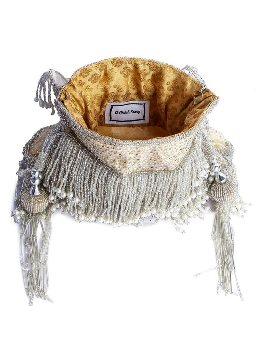 Silver Color Fringy Chic Hand Embroidered Potli