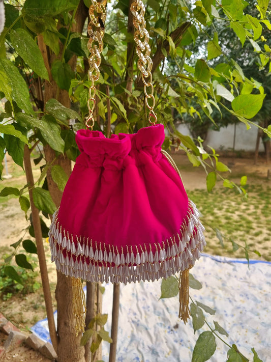 Magenta Pink Pearl Drop Hand Embroidered Potli 