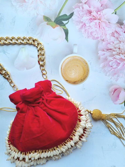 Magenta Pink Pearl Drop Hand Embroidered Potli 