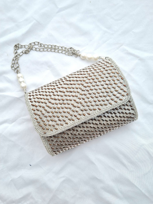 Silver Color Embroidered Antique Flap Clutch