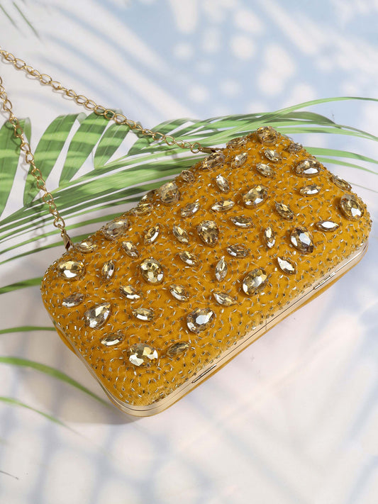 Mustard Crystal Studded Clutch with Rhinestones and Bead Work
