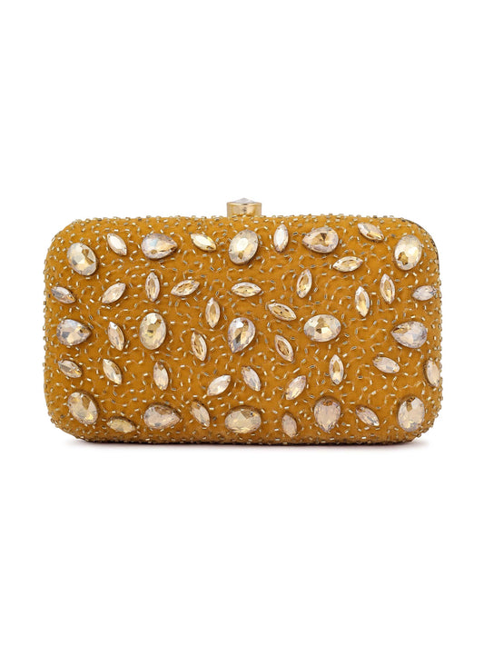 Mustard Crystal Studded Clutch with Rhinestones and Bead Work