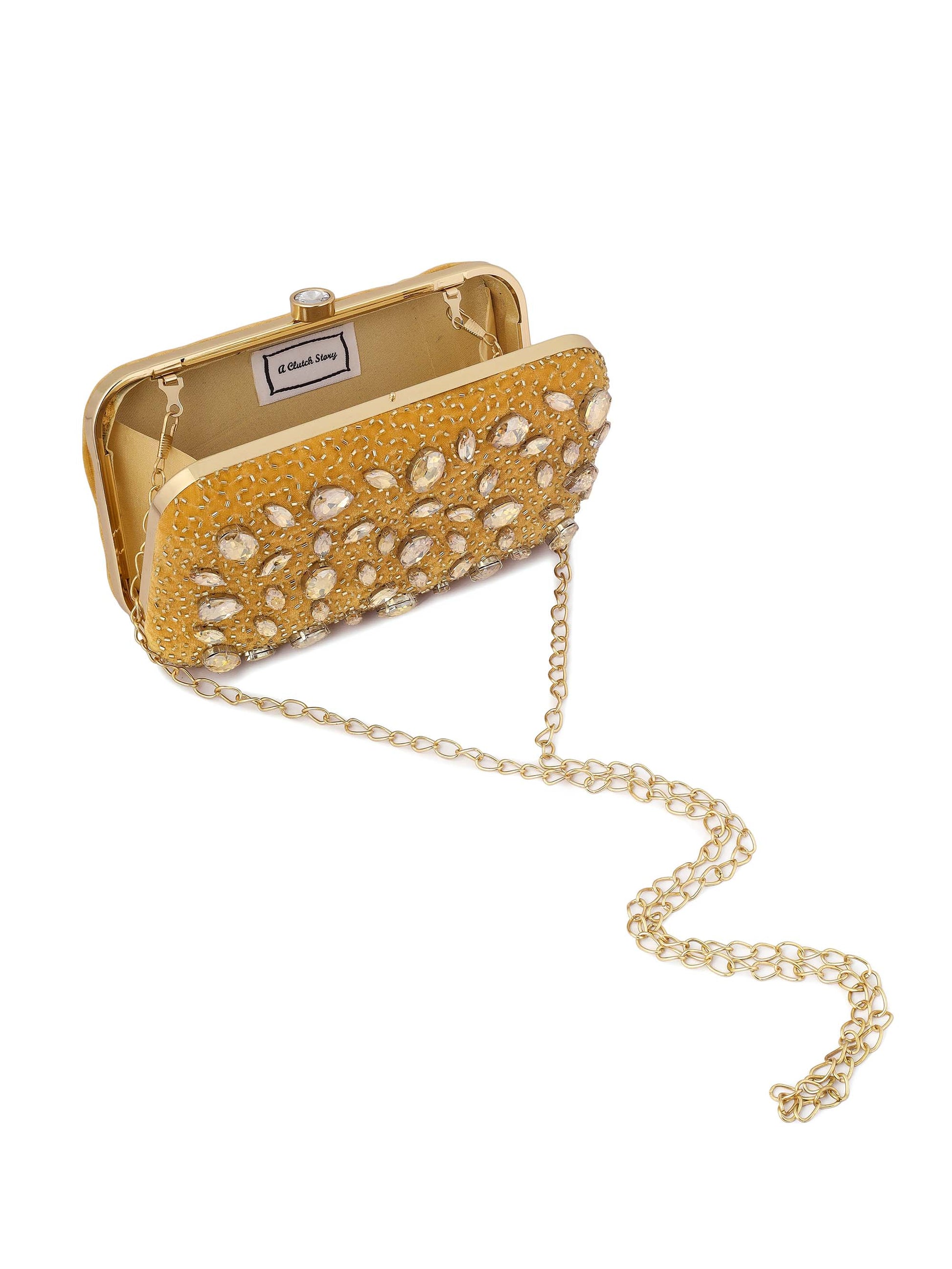 Mustard Crystal Studded Clutch with Rhinestones and Bead Work