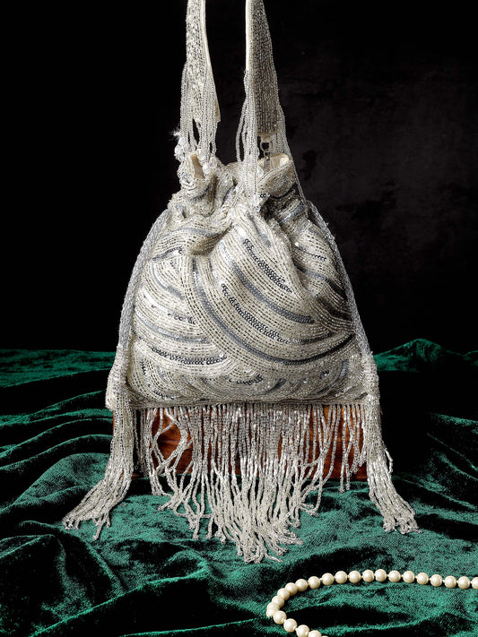 Silver Platinum Lux Potli With Long Bead Tassels