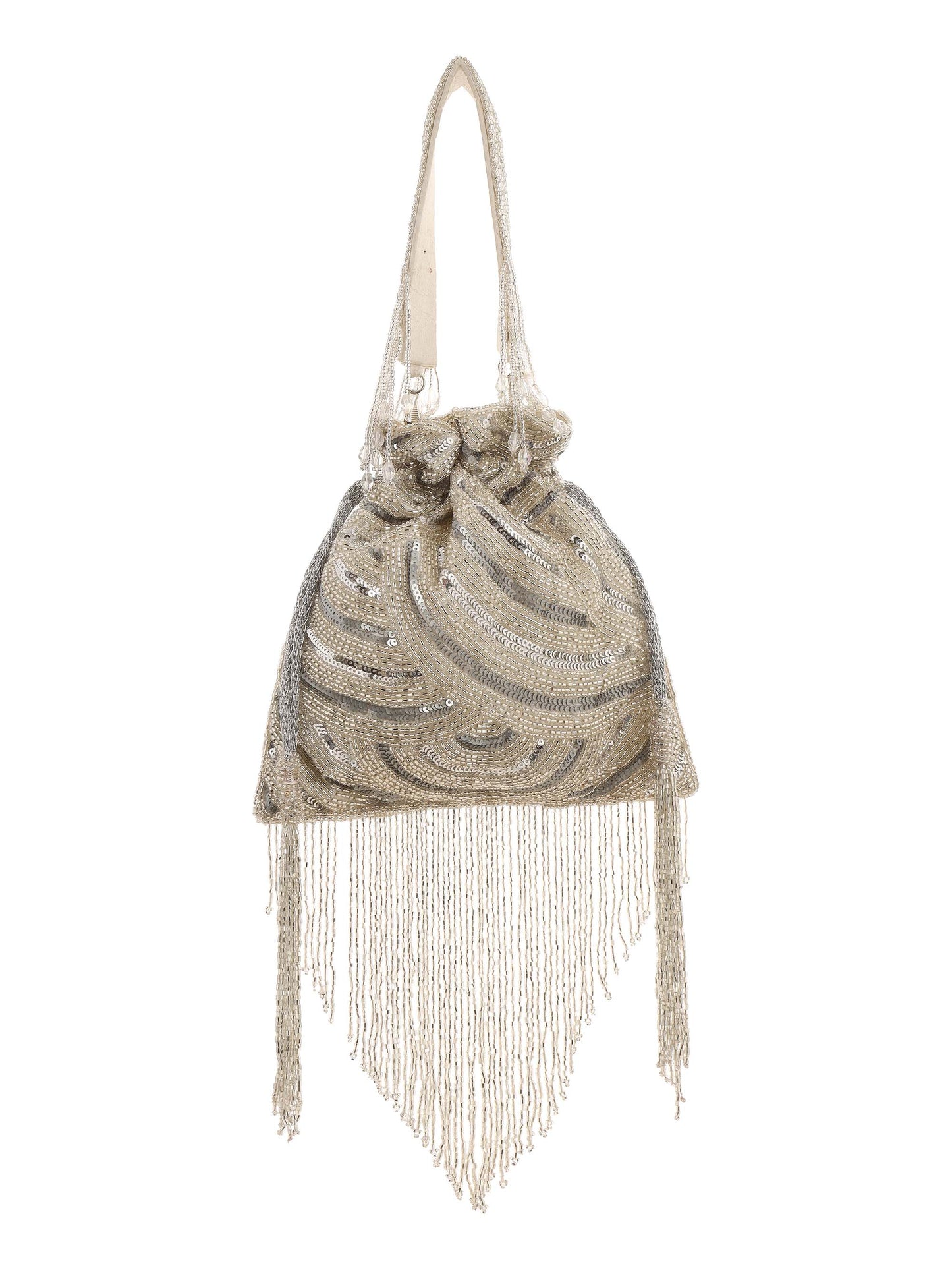 Silver Platinum Lux Potli With Long Bead Tassels