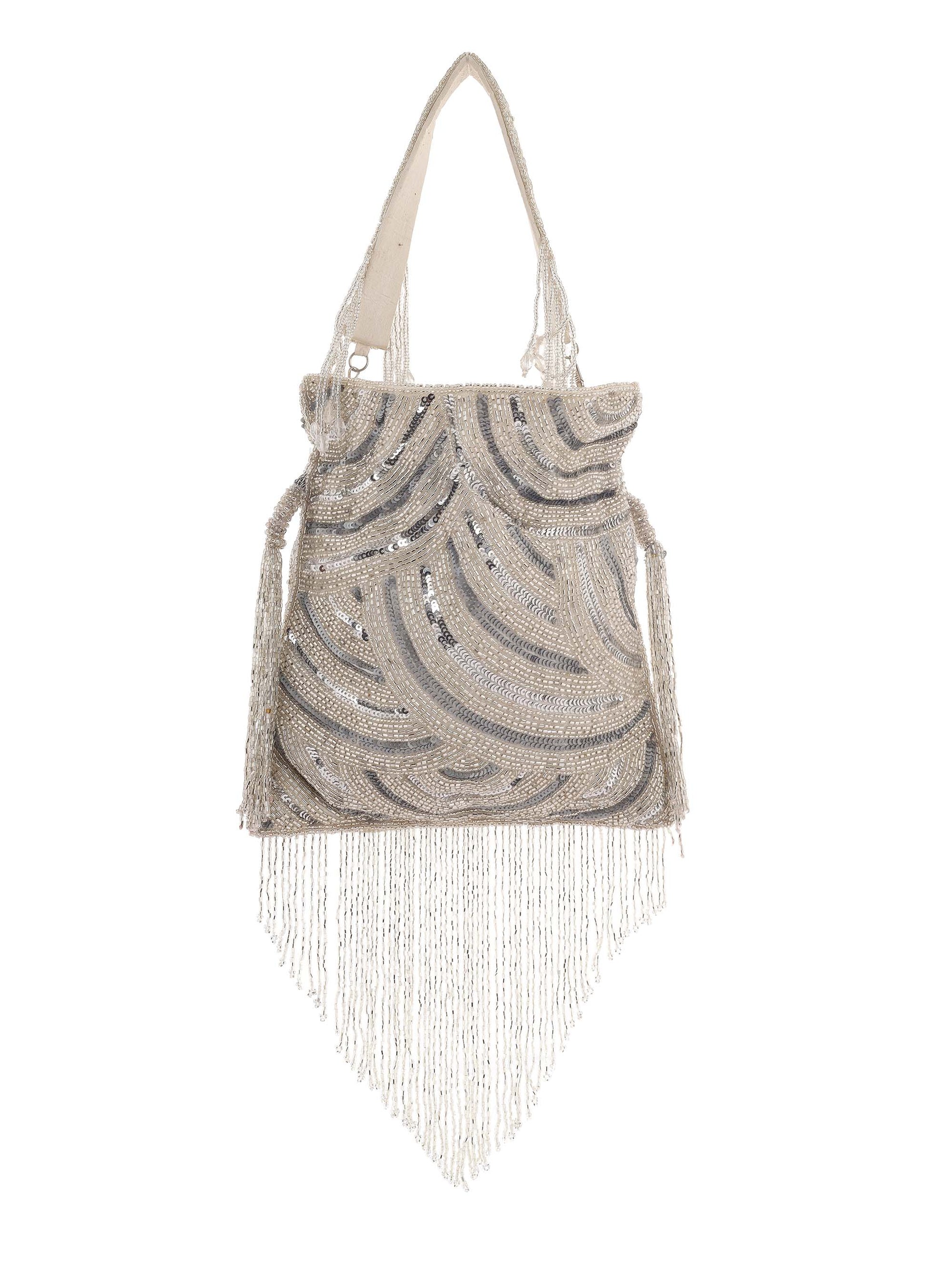 Silver Platinum Lux Potli With Long Bead Tassels
