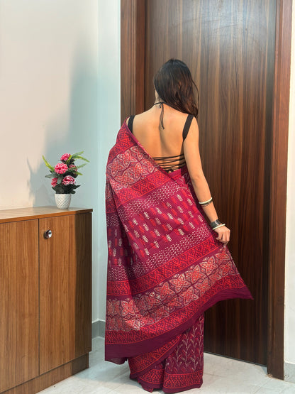 Mulberry Magic Purple & Maroon Floral Mulmul Saree