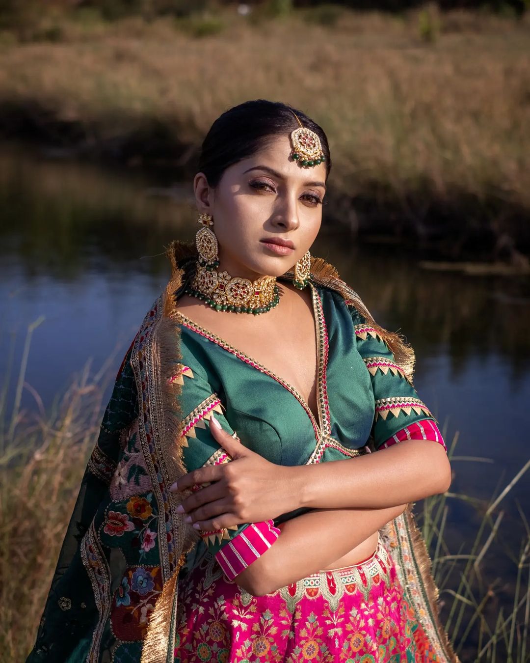 Banarasi Saga Royal Pink and Green Silk Zari Printed Lehenga