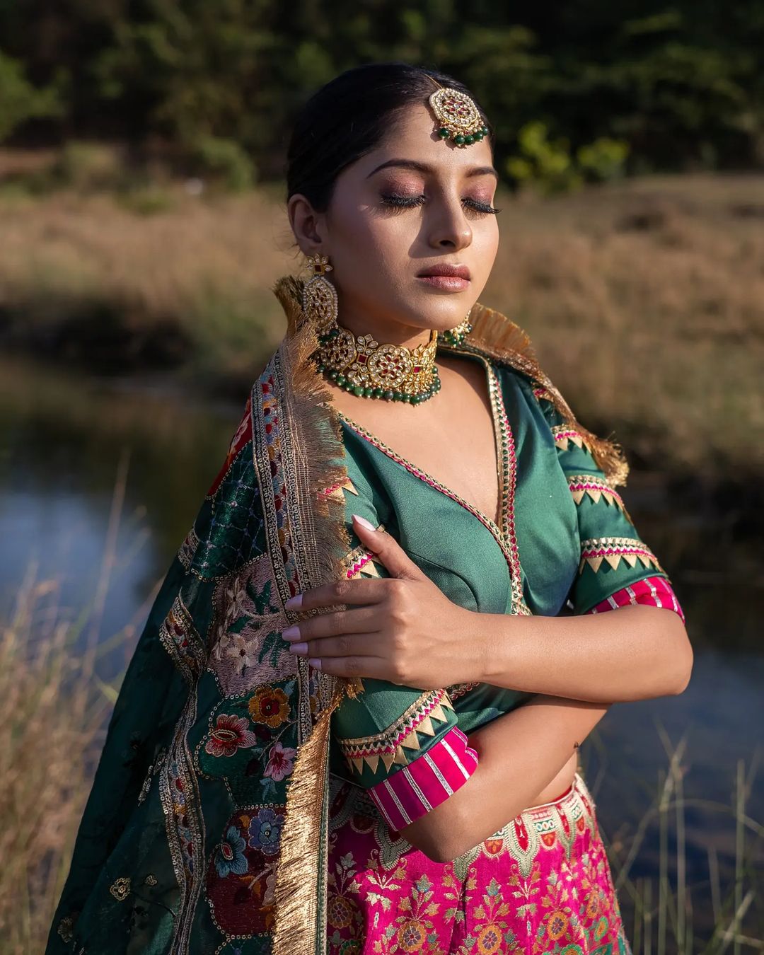 Banarasi Saga Royal Pink and Green Silk Zari Printed Lehenga
