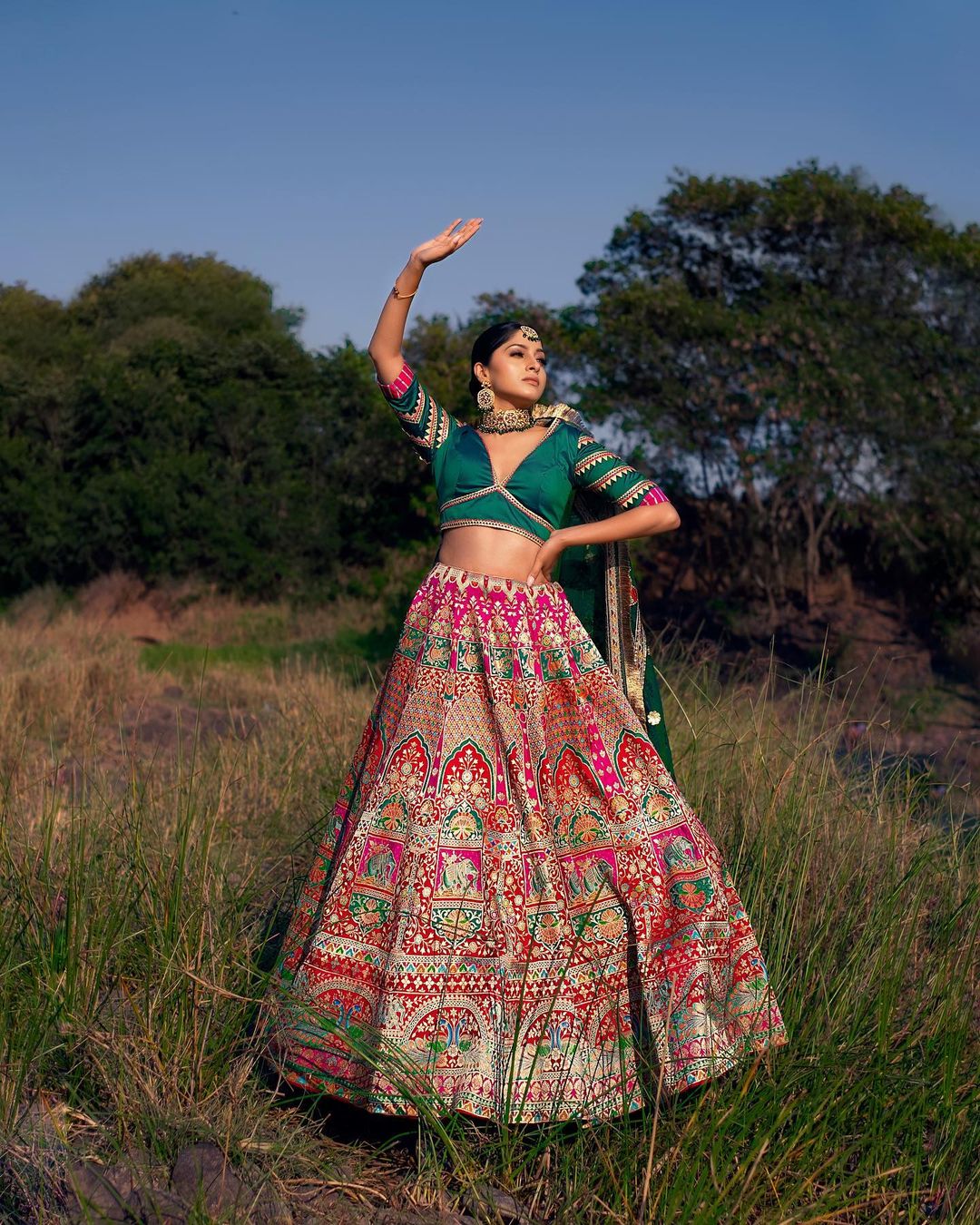 Banarasi Saga Royal Pink and Green Silk Zari Printed Lehenga