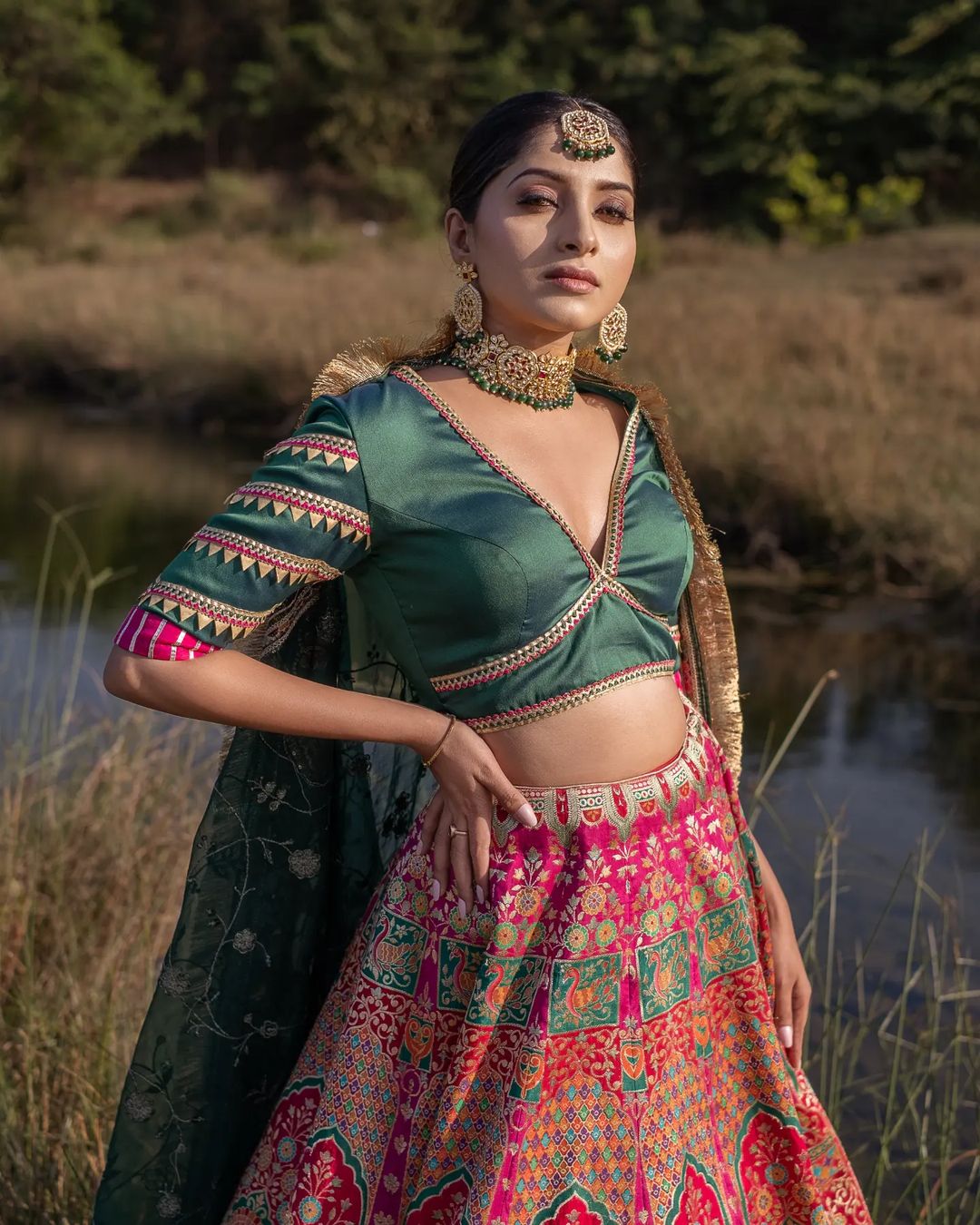 Banarasi Saga Royal Pink and Green Silk Zari Printed Lehenga