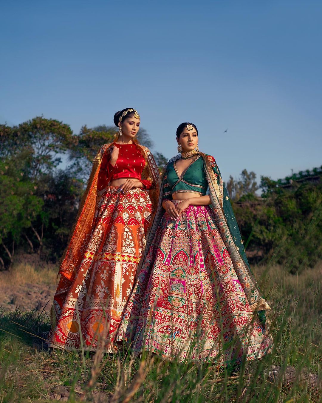 Banarasi Saga Royal Pink and Green Silk Zari Printed Lehenga