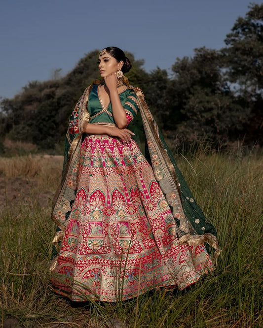Banarasi Saga Royal Pink and Green Silk Zari Printed Lehenga