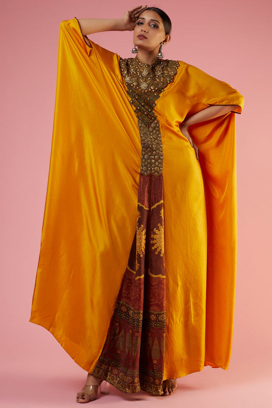 Mustard Silk Printed & Hand Embroidered Kaftan Set