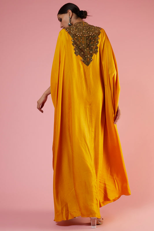 Mustard Silk Printed & Hand Embroidered Kaftan Set