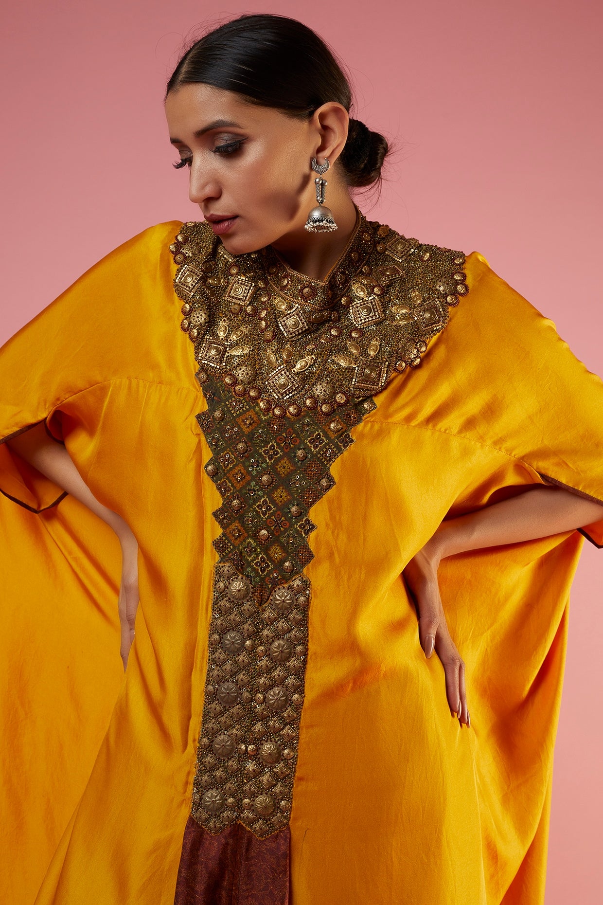 Mustard Silk Printed & Hand Embroidered Kaftan Set