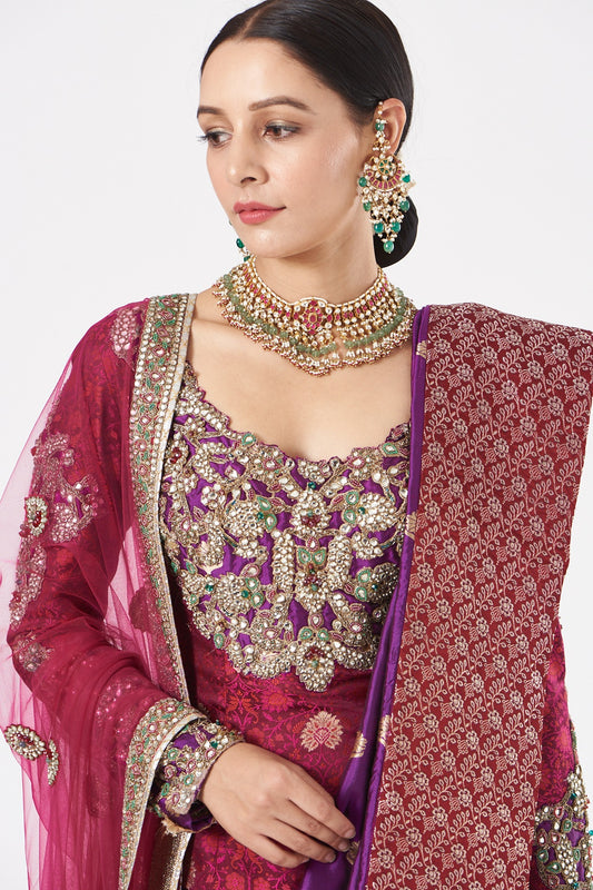 Purple Embroidered Wedding Lehenga Set