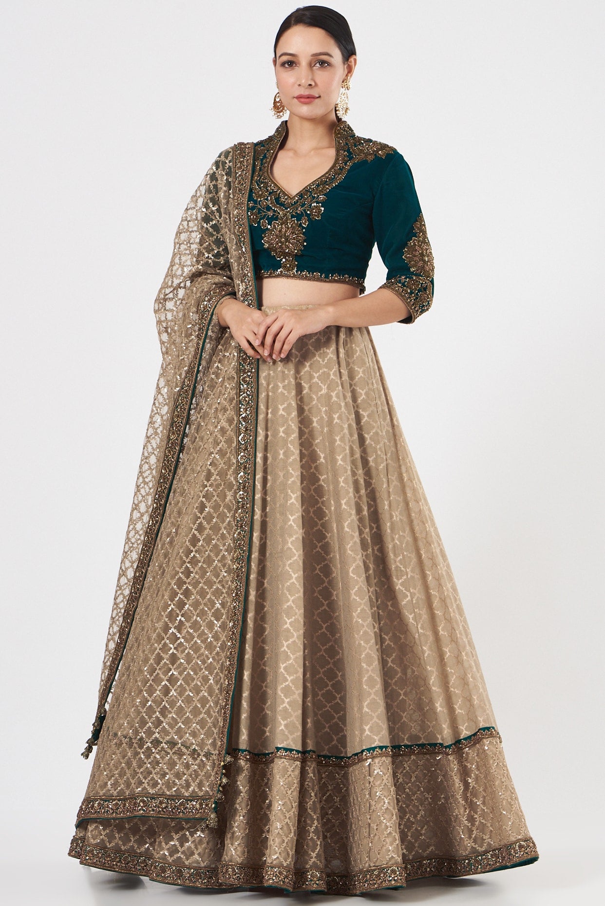 Beige Silk Printed Lehenga Set