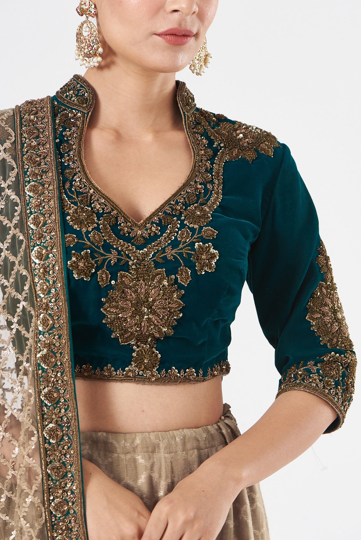 Beige Silk Printed Lehenga Set