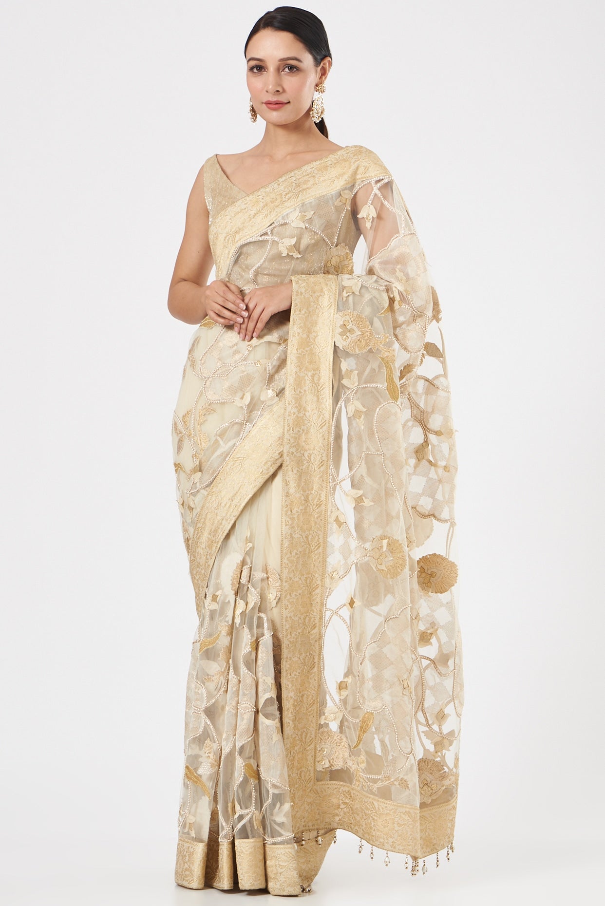 Cream Net Embroidered Designer Saree Set