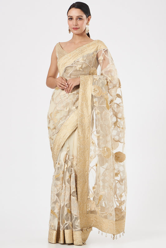 Cream Net Embroidered Designer Saree Set