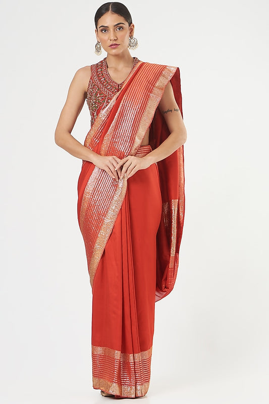 Bright Red Pure Silk Hand Embroidered Designer Saree Set