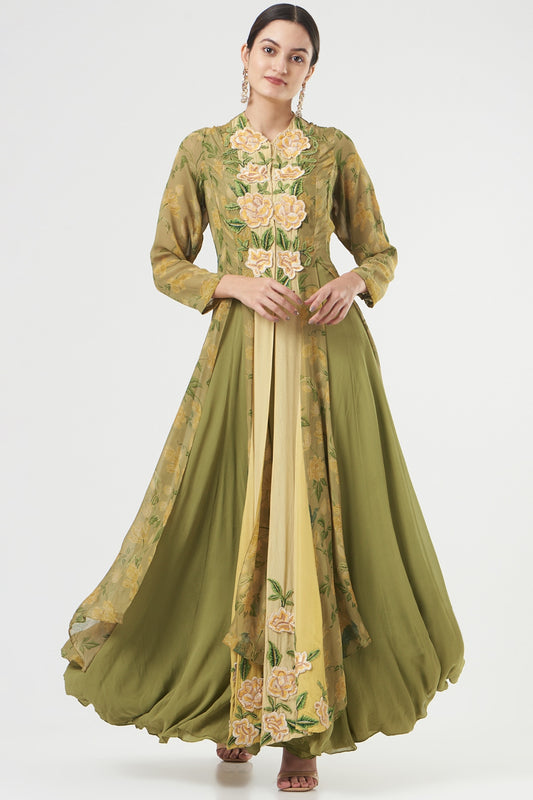 Lime & Green Embroidered Designer Georgette Dress