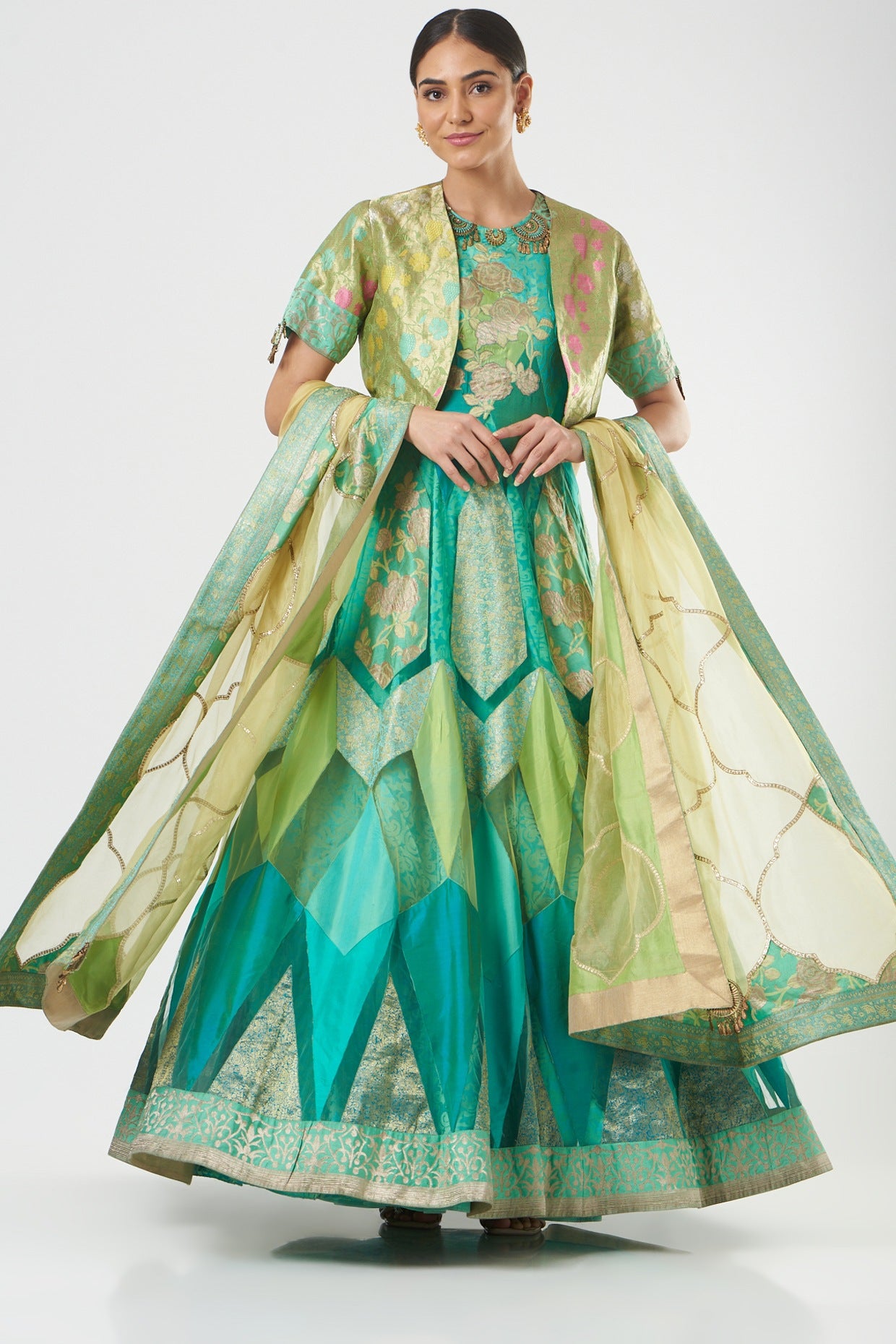 Blue & Green Silk Designer Anarkali Set