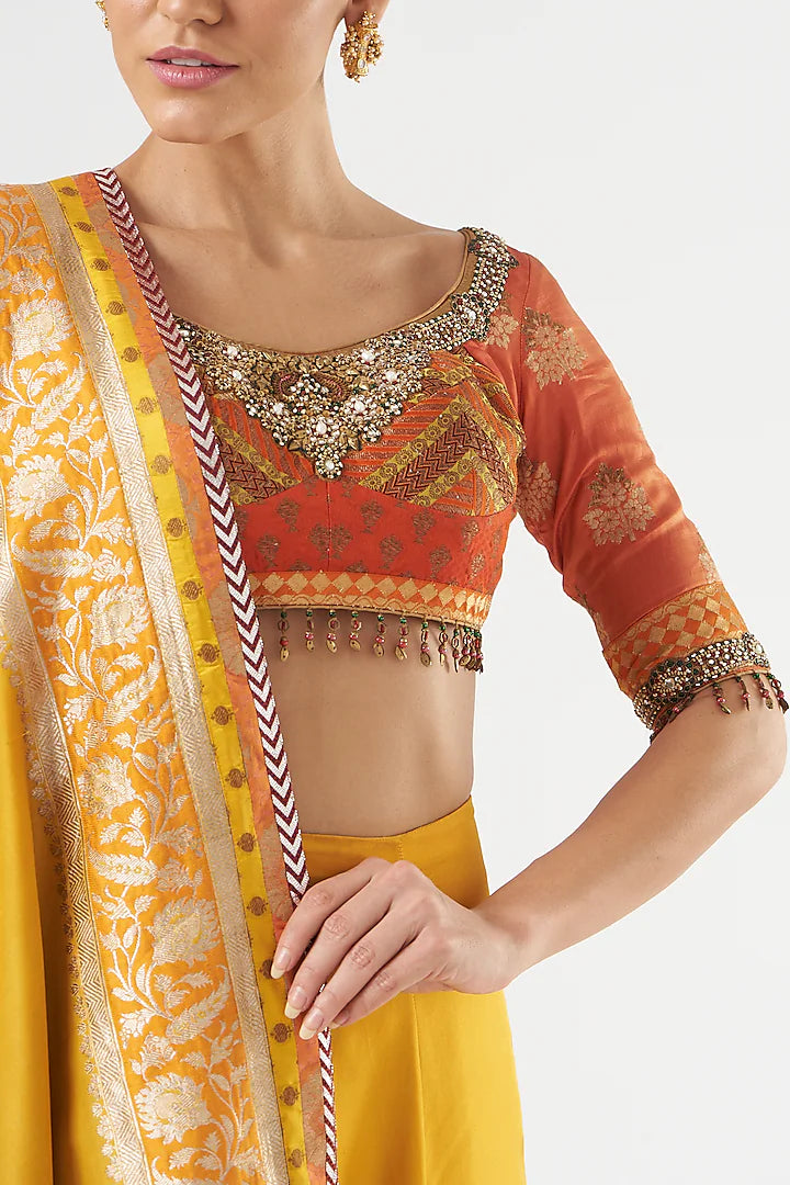 Mustard Hand Embroidered Pure Silk Lehenga Set