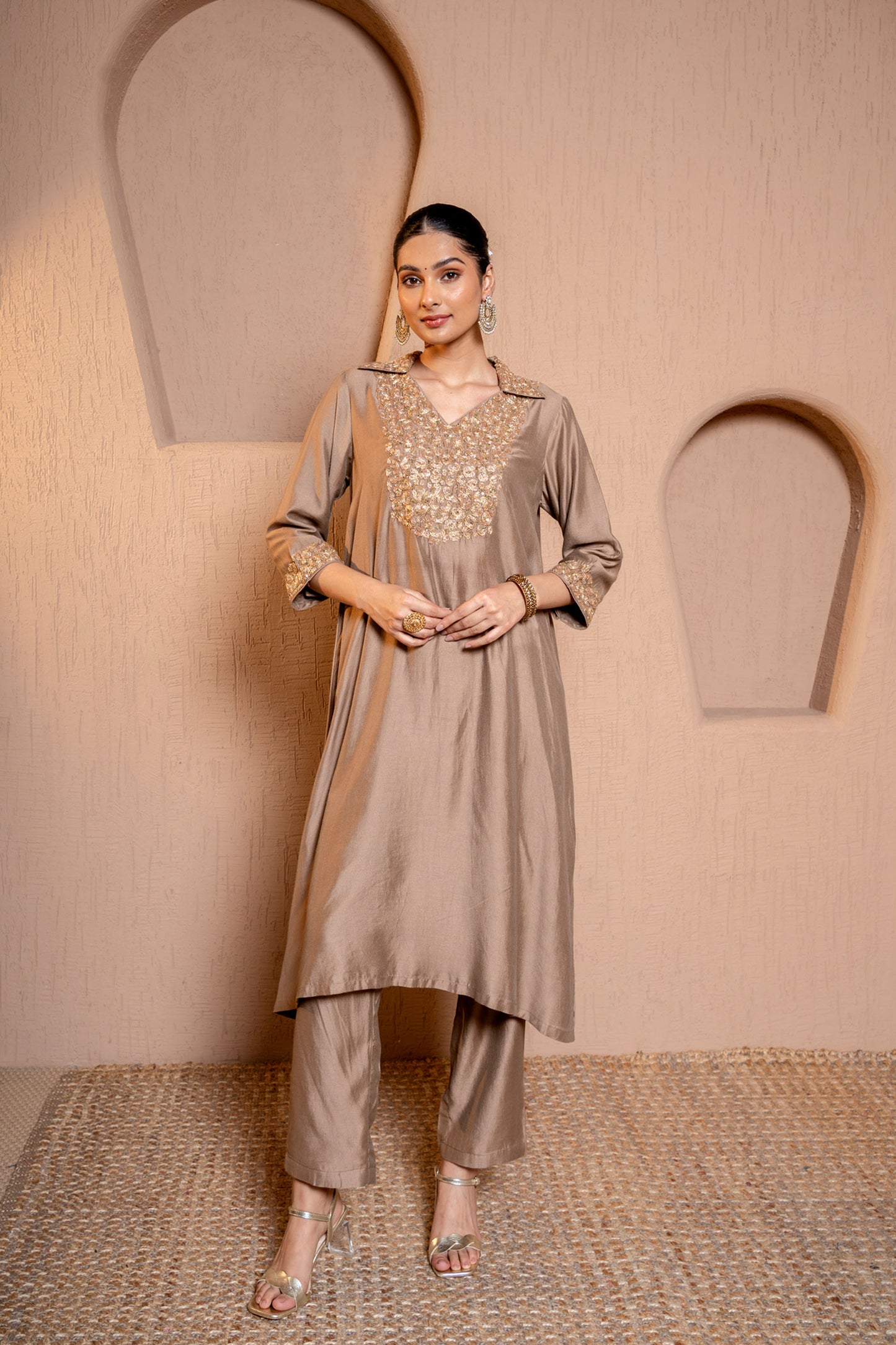 Brown Chanderi Zari & Sequece Work Kurta Set