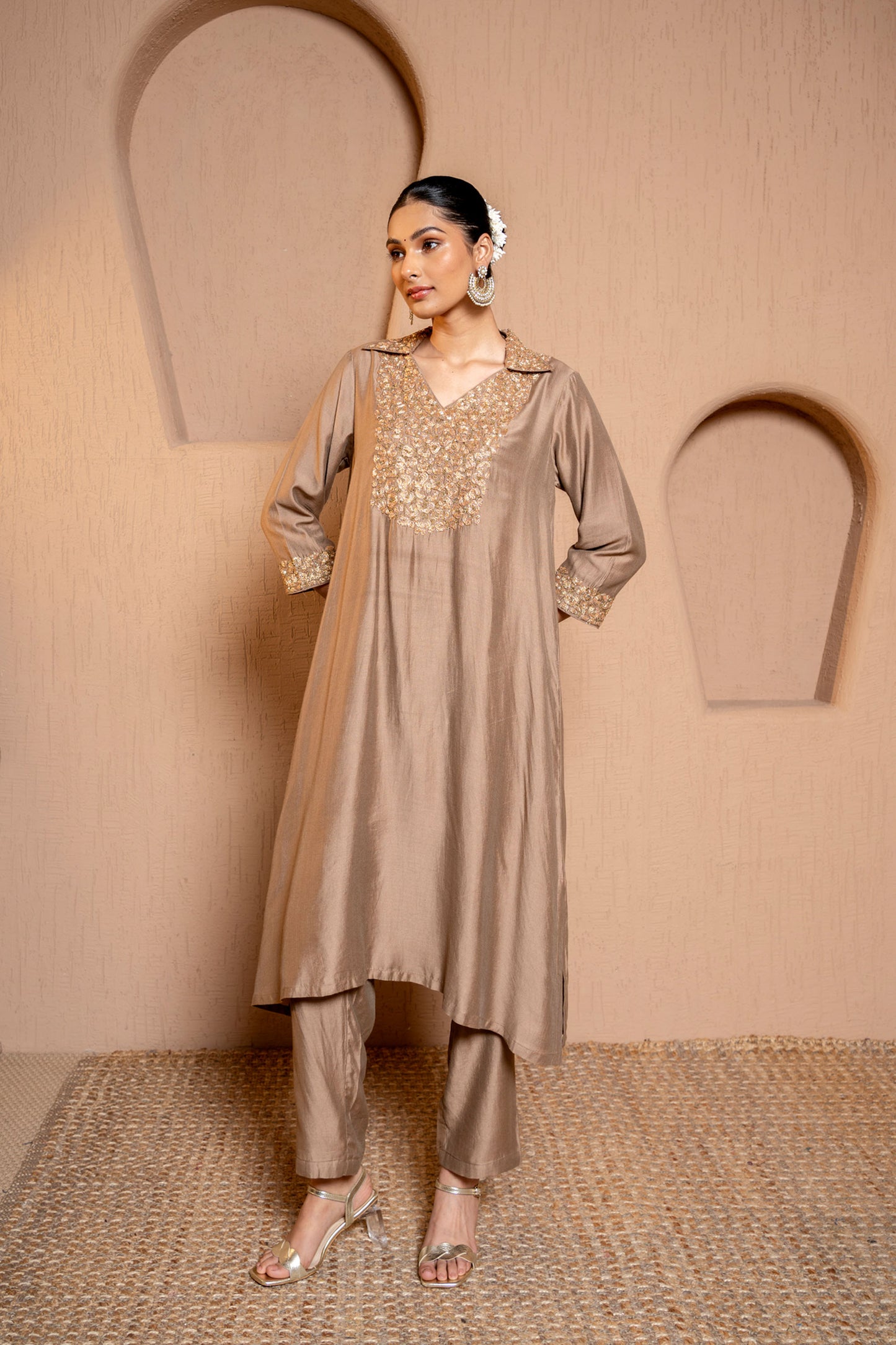 Brown Chanderi Zari & Sequece Work Kurta Set