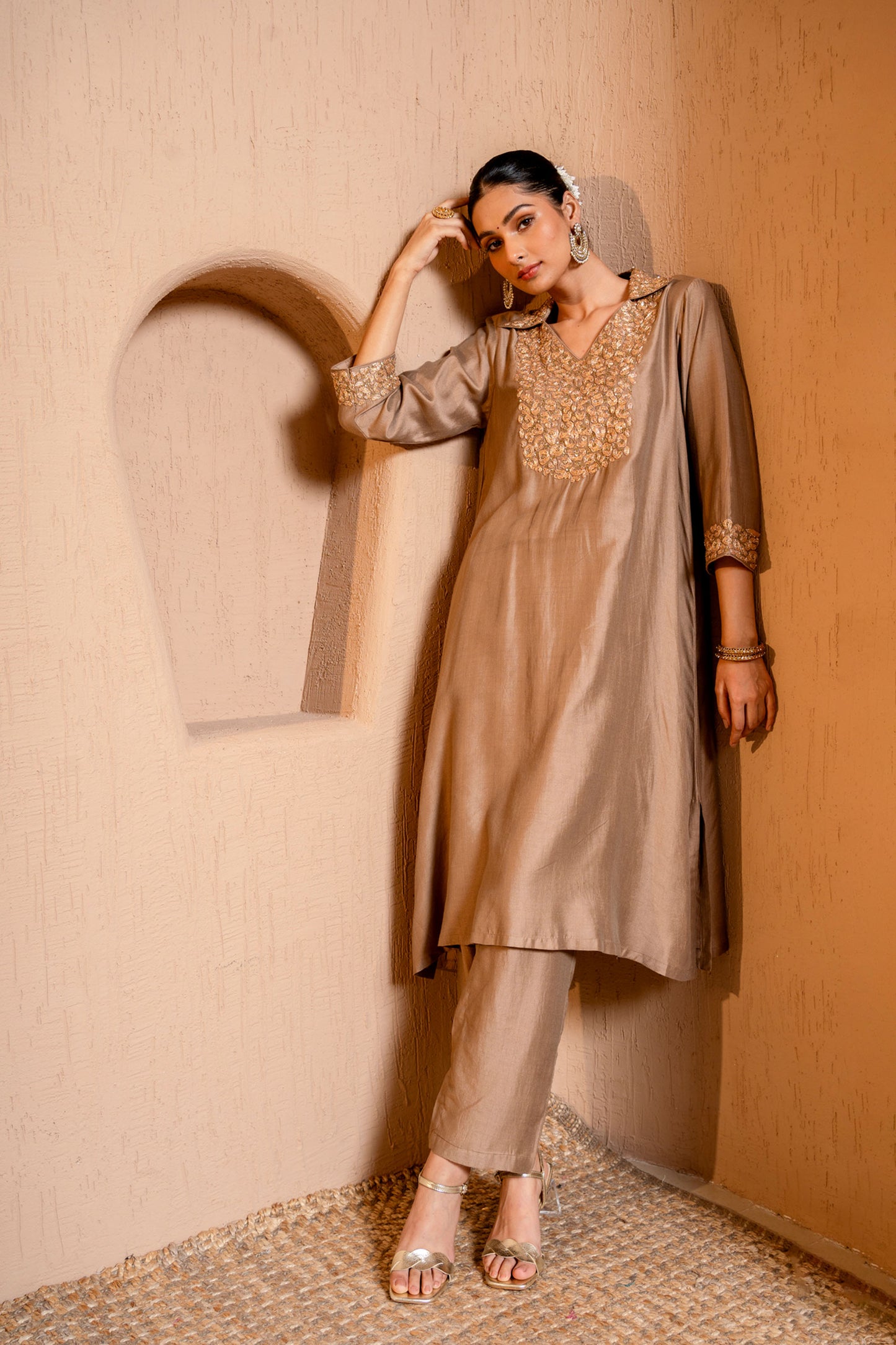 Brown Chanderi Zari & Sequece Work Kurta Set